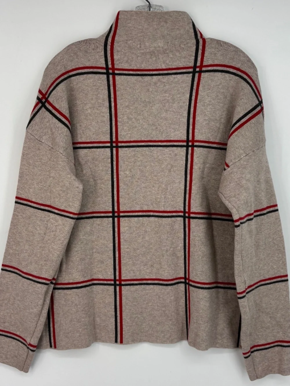 Tahari Womens Large Pullover Sweater Oatmeal Red Gray Check Funnel Neck Long Slv